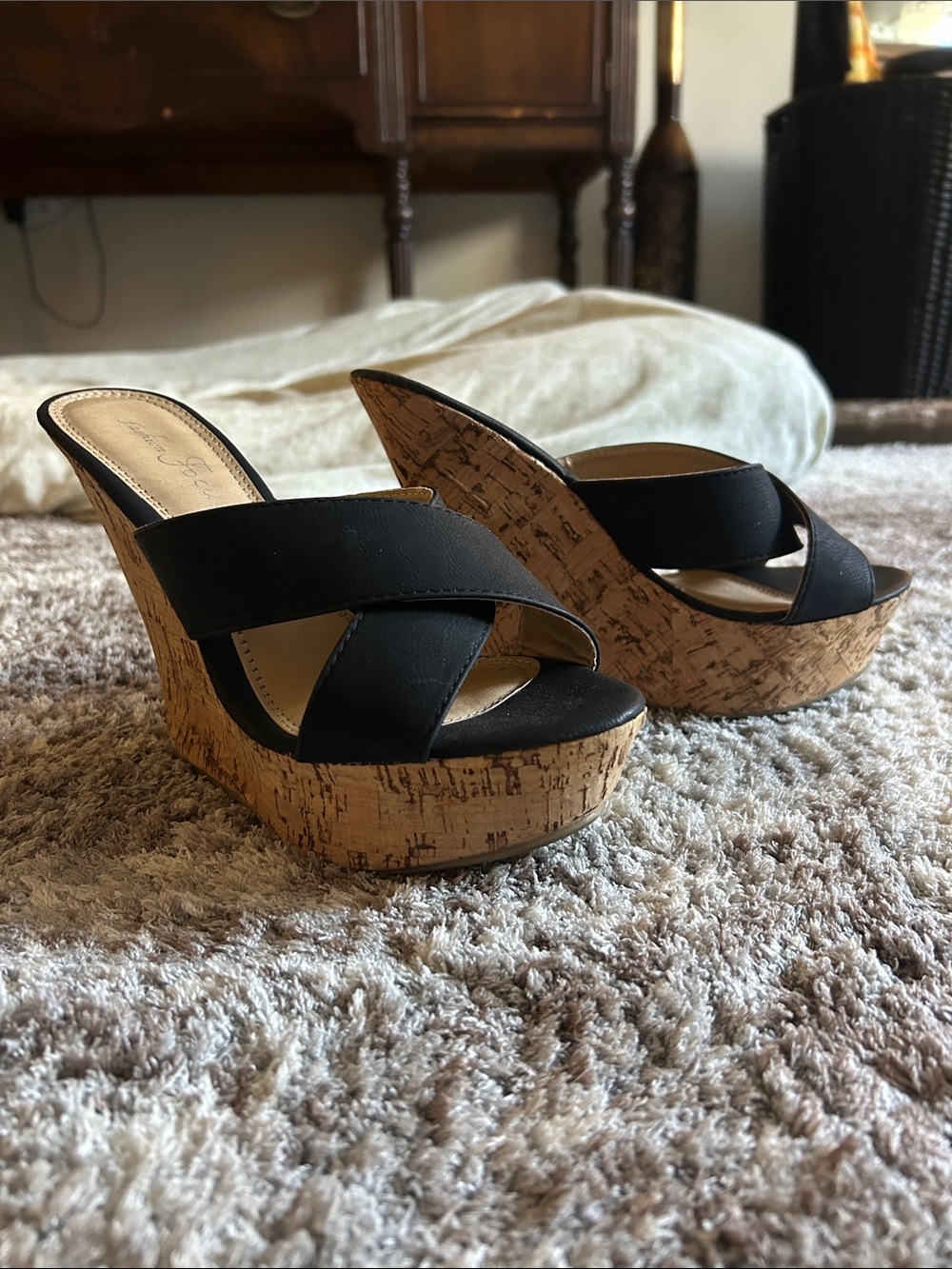 Black Cork Wedge Slide Sandals - Women